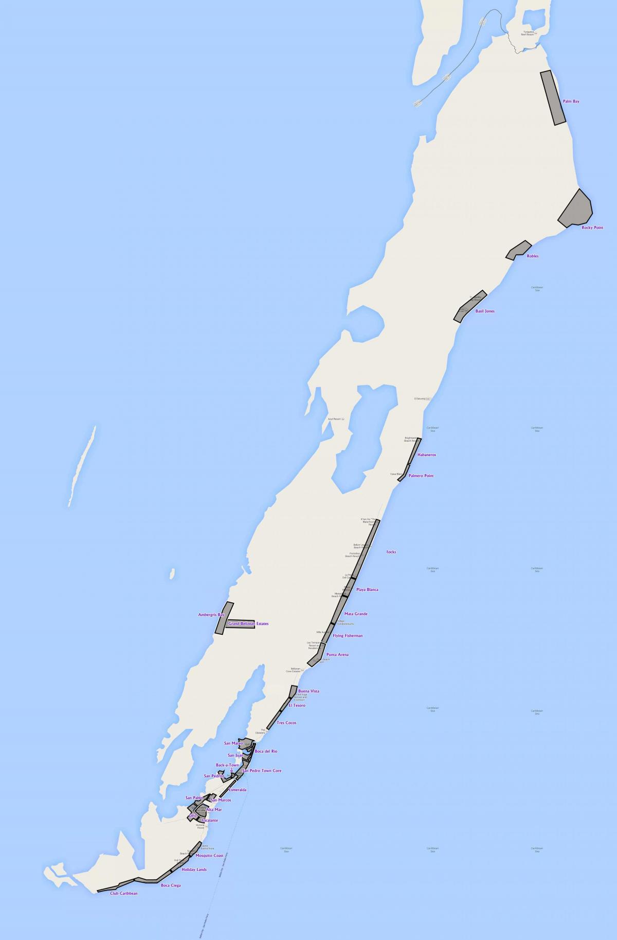 Mapa ambergris caye v Belize