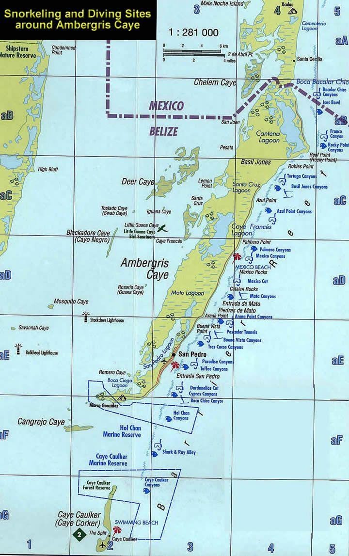 Mapa Belize šnorchlování