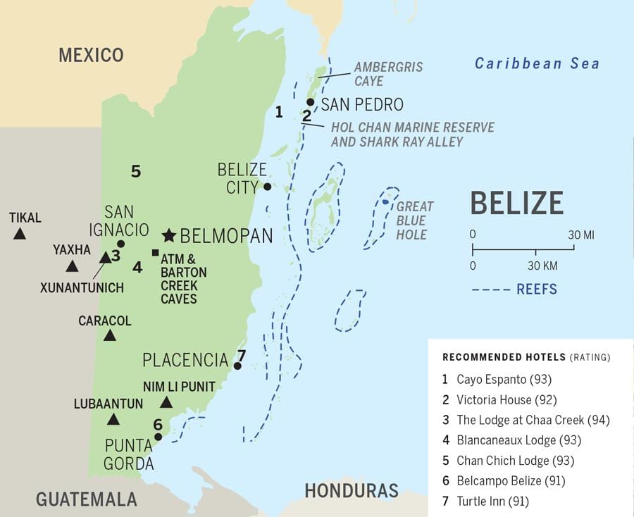 Mapa Belize pláže