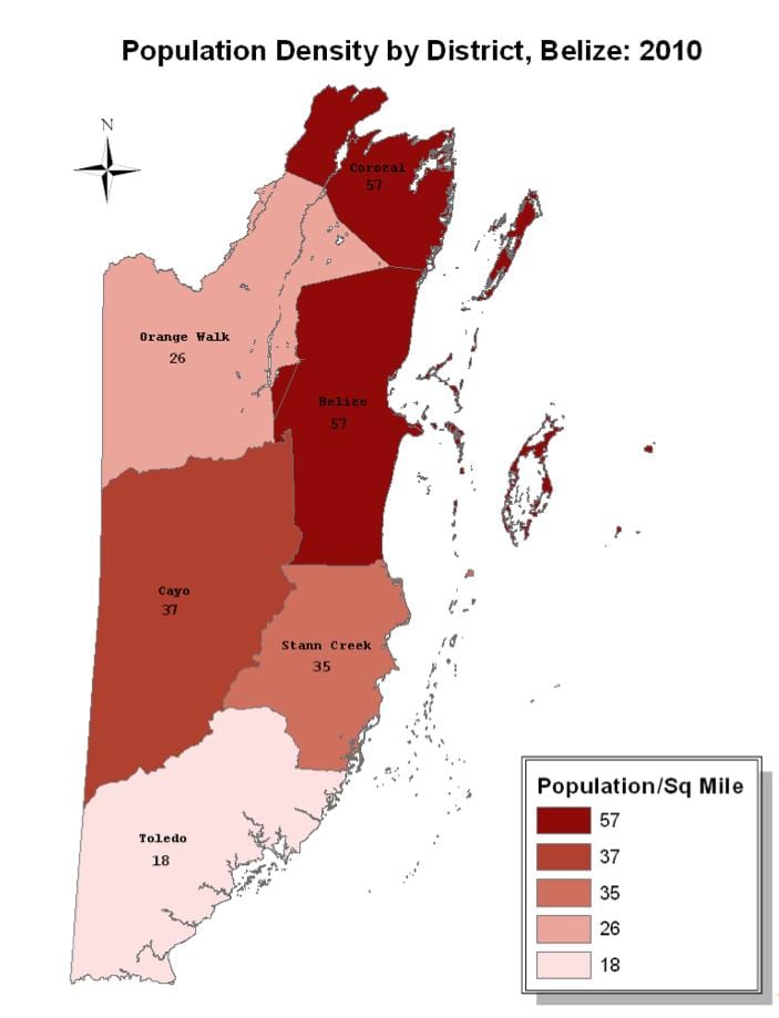 Mapa Belize populace