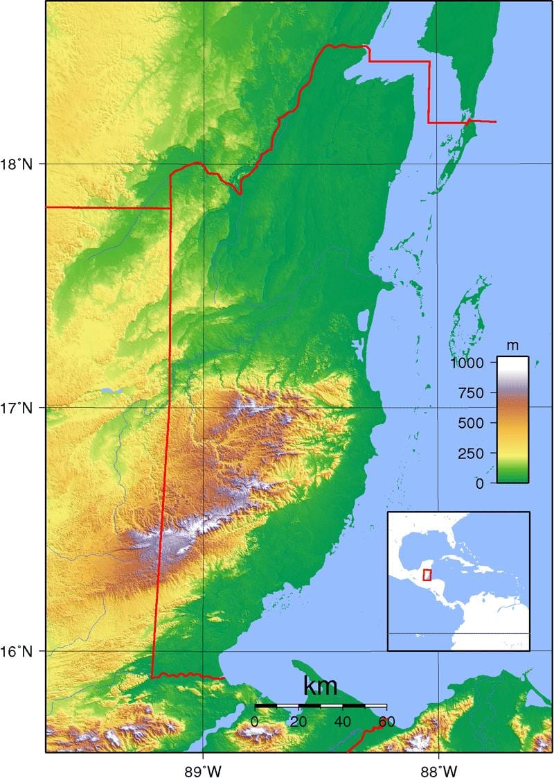 Mapa fyzické Belize