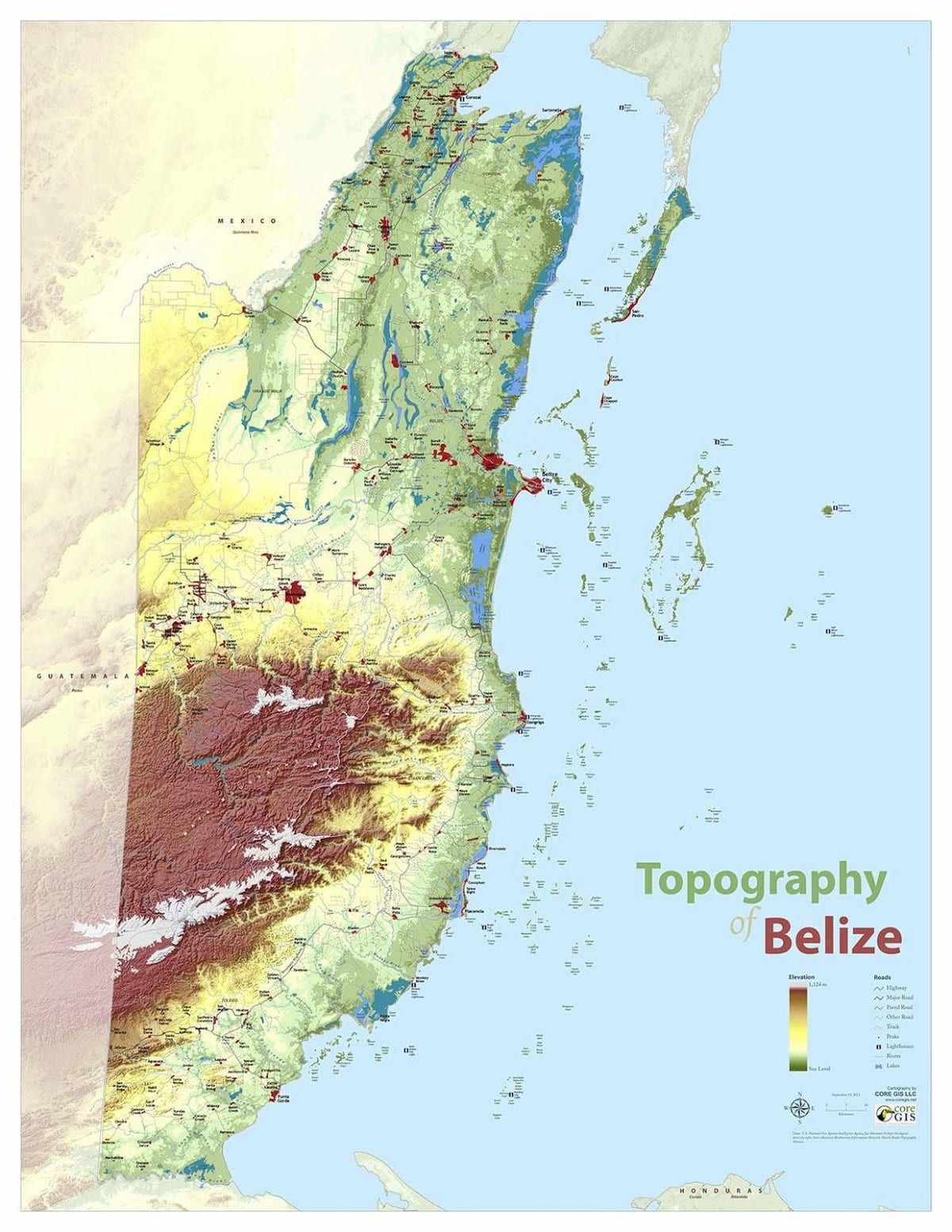 Mapa topografické Belize